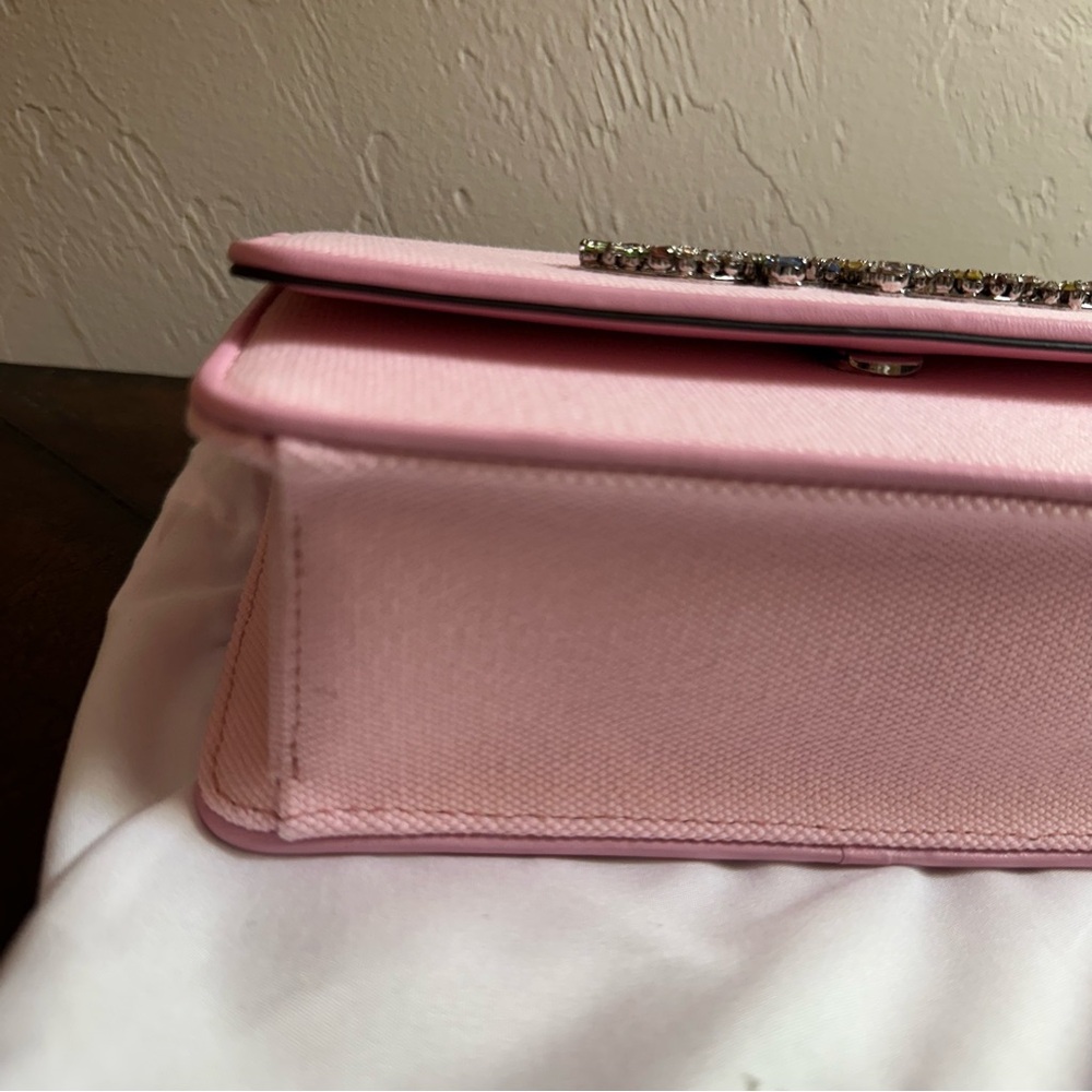 NWT Jimmy Choo | Pink Ecru Canvas Crystal Choo Crossbody Bag $1050 - Picture 6 of 7
